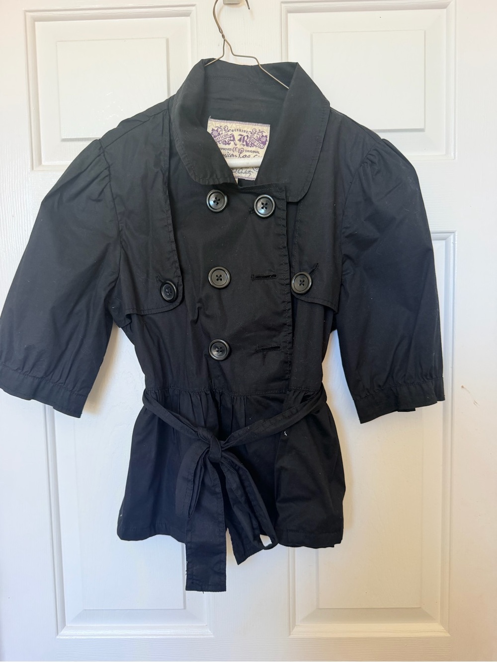 American Rag Black Short Double-Breasted Pea Coat with Tie Waist